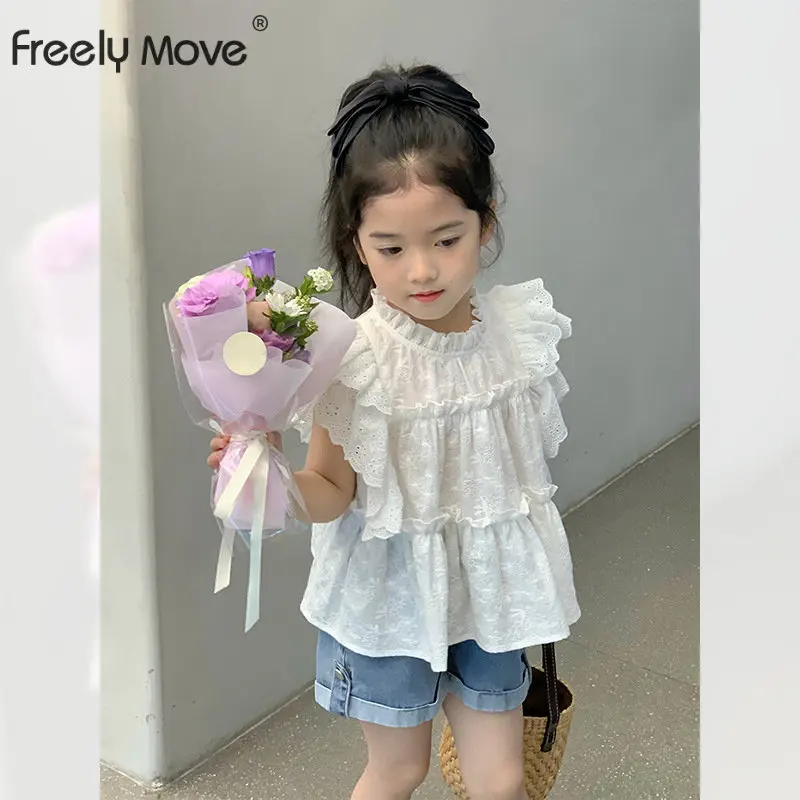 

2023 New Girls Shirt Summer Solid Sleeveless Ruffles Floral Girls Blouse Sweet Kids Top Costumes Children's Clothing