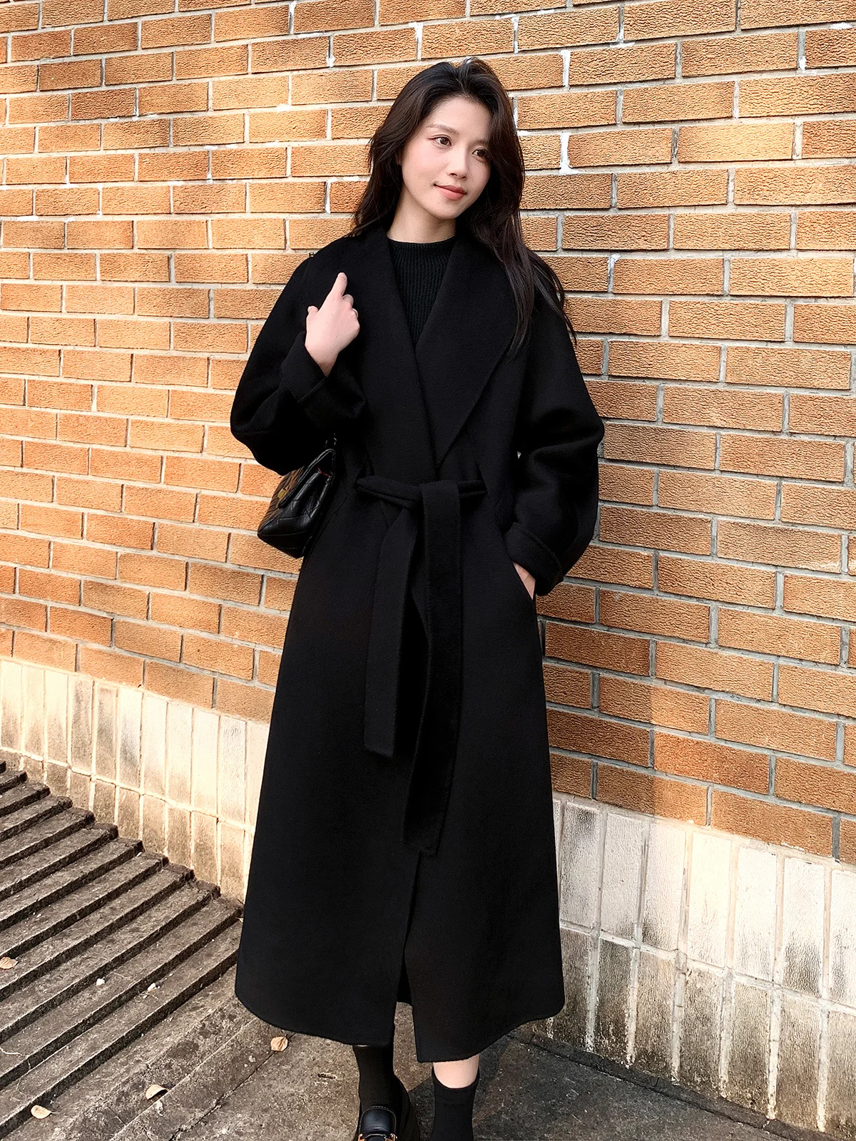Korean Series Idle Sle Double-sided Cashmere coat Long Tall 2024 Winter clothes New Lace-up Wool Outerwear Women