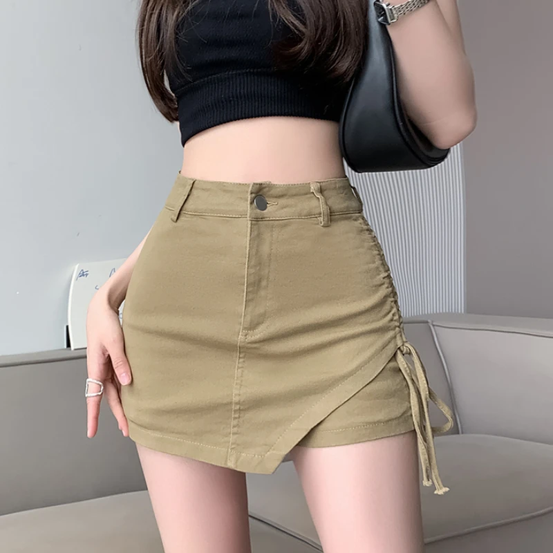 Sexy Women's Jean Skirt Shors Fashion Side Strap Drawstring Demin Black Skirt Female Summer Y2k High Waisted Mini Faldas Mujer