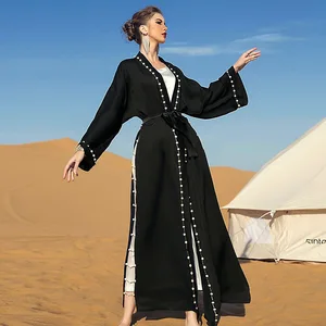 Donsignet Muslim Dress Muslim Fashion Abaya Dubai Black Retro Beaded Long Outer Belt Woman Abaya Elegant Dress Abaya Turkey