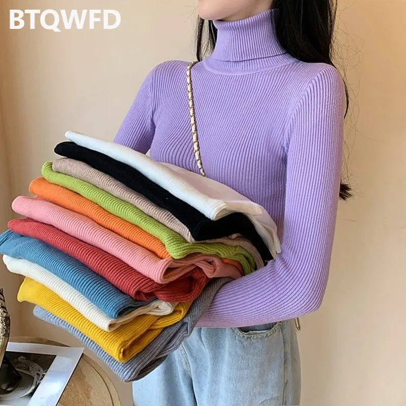 Women Pullover Turtleneck Autumn Winter Knitted Fashion Sweater 2022 New Solid Color Female Clothing Long Sleeve Slim Elastic