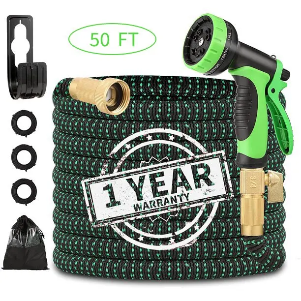 

50 FT Flexible and Expandable Garden Hose - Strongest Triple Latex Core with 3/4" Solid Brass Fittings and 8 Function Spray Nozz