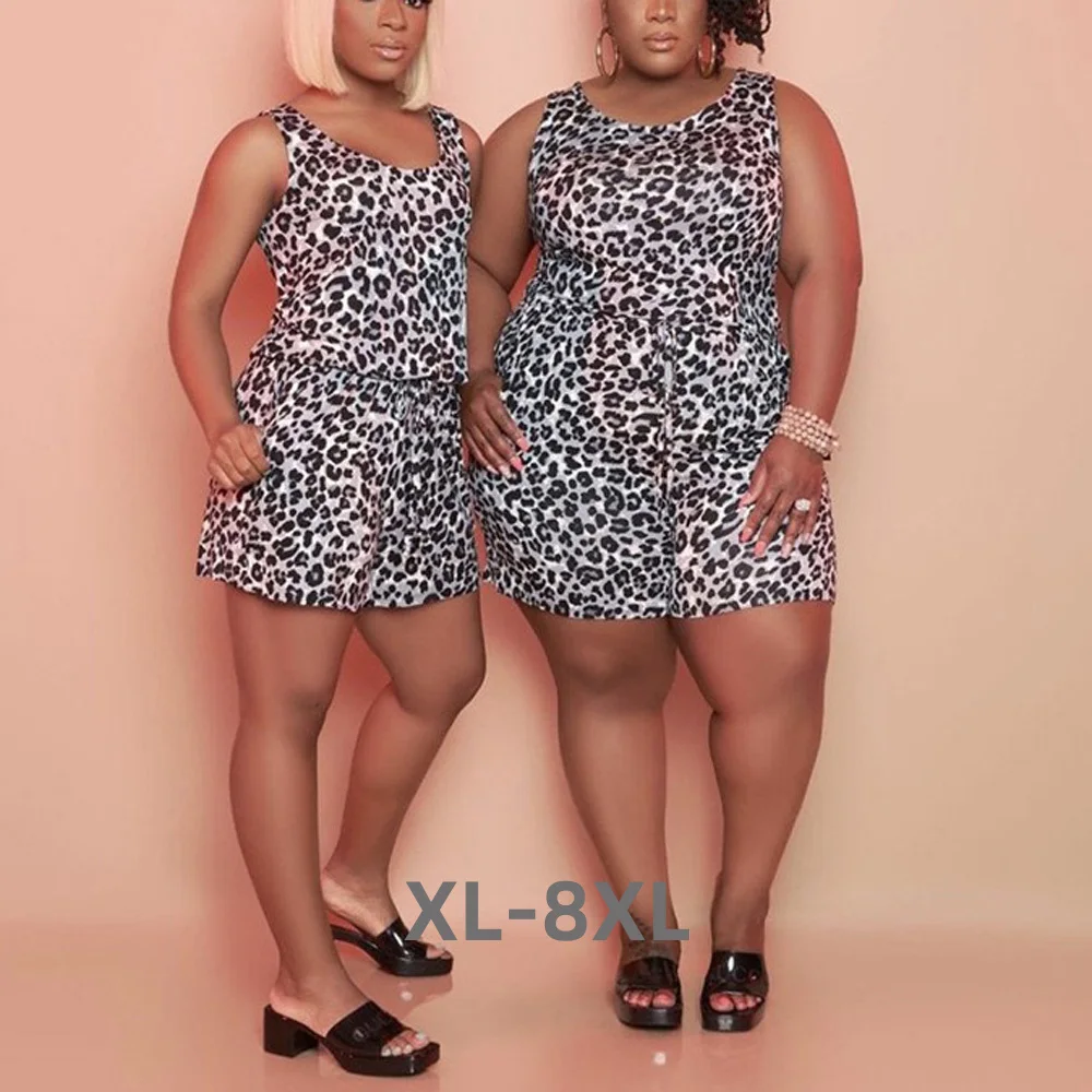 Plus Size 4xl 5xl Oversized Women 2 Pieces Shorts Sets Blouse & Short Pants Summer 2023 New Fashion Leopard Pr 3xl 4xl 5xl 6xl