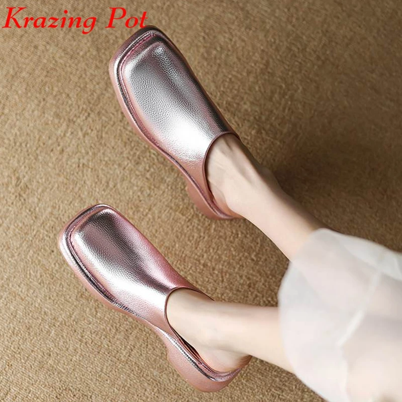 

Krazing Pot New Full Grain Leather Slip On Summer Square Toe Med Heels Preppy Style Pink Color Elegant Office Lady Women Pumps