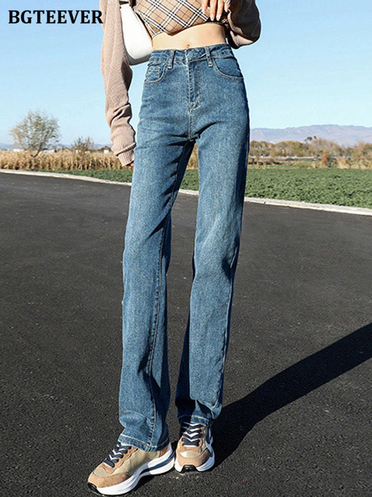 

Модные прямые женские повседневные свободные джинсовые брюки BGTEEVER с высокой талией, осенние женские эластичные джинсы