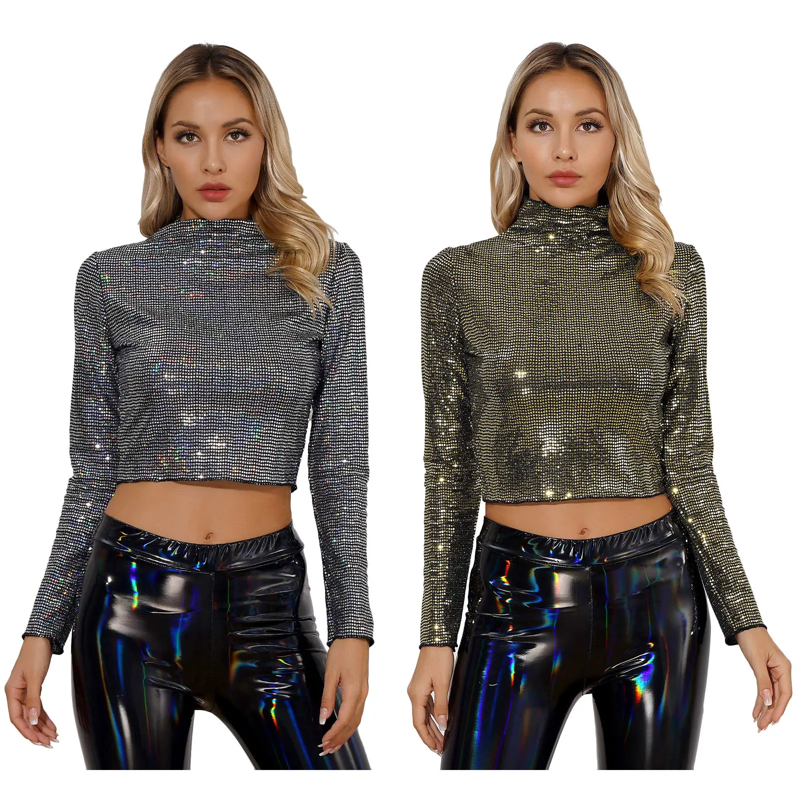 

Womens Clubwear Shiny Sequin Crop Top High Neck Long Sleeve Slim Fit Crop Blouse Dance Top for Night Out Tops