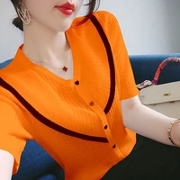 fashion v neck spliced short sleeve button oversized shirt 2022 summer new casual tops loose commute womens clothing blouse