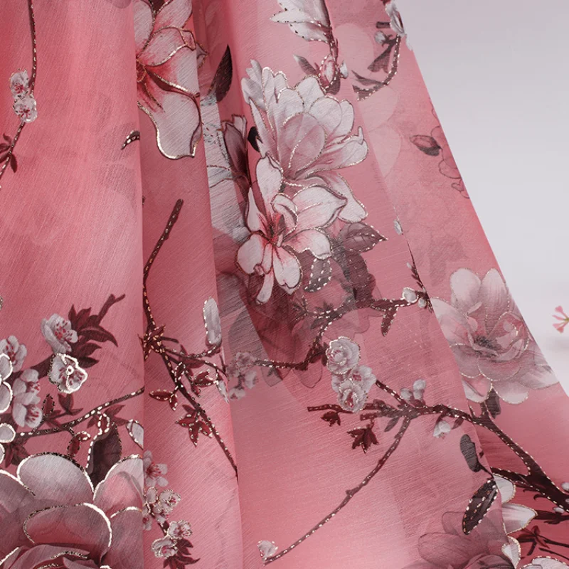 

Pink Print Flower Sheer Crepe Chiffon Fabric Transparent Dressmaking Sewing Material Floral Silk Tulle Fabric Sold By The Meter