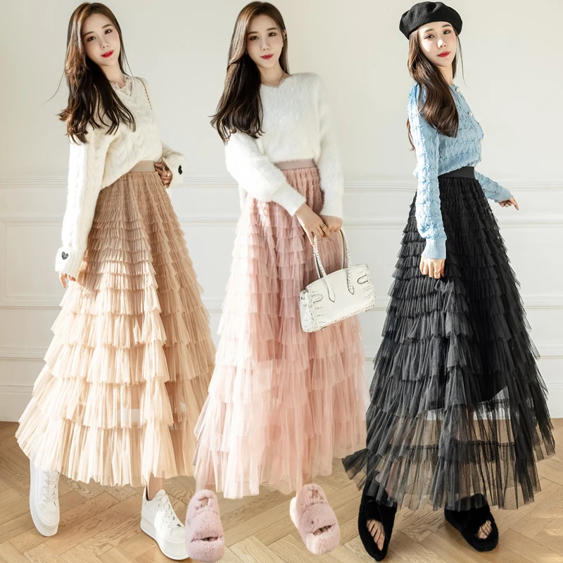 

Gauze Solid Color Women Cake Skirts 2022 New In Winter Fashion Empire Loose A-LINE FALL Korean Skirt High Street Non Strech