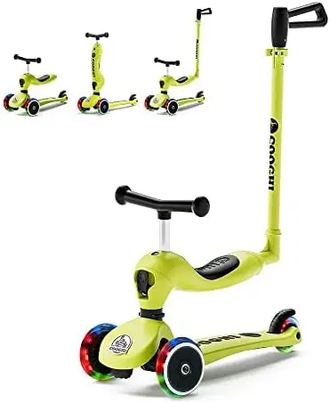 

Скутер, детский скутер 3-в-1 с мигающими колесами, регулируемый родительский нажимной стержень, сиденье и руль, 3-колесный скутер для Ki