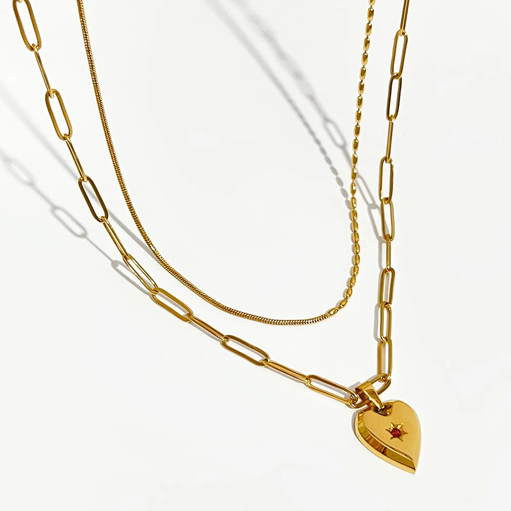 

Peri'sbox Non Tarnish Stainless Steel Paper Clip Chain Big Heart Pendant Necklace Women Mix Snake Beads Chain Layered Necklaces