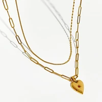 perisbox non tarnish stainless steel paper clip chain big heart pendant necklace women mix snake beads chain layered necklaces