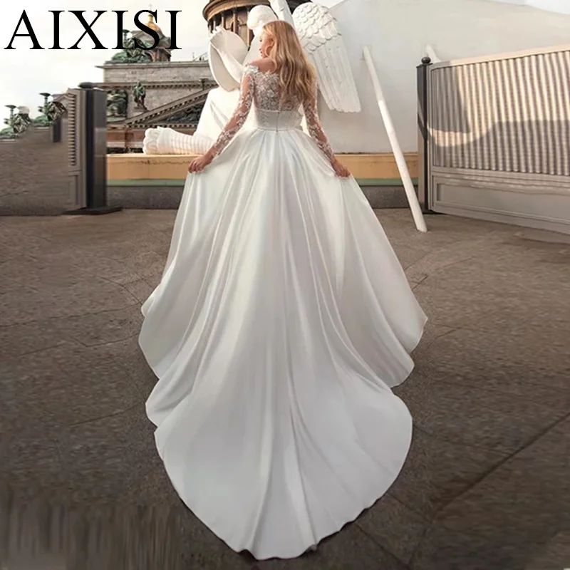 

AIXISI Gorgeous Satin Wedding Dresses Appliques Woman Vestidos De Novia Full Sleeve Illusion Scoop Neck Elegant Robe de mariee