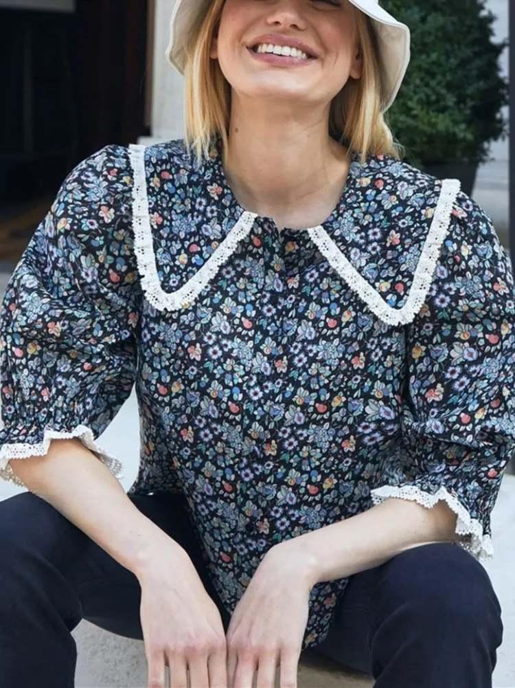 

2023 Summer New Women Lace Trim Peter Pan Collar Floral Embroidery Single-Breasted Simple Classic All-Match Blouse