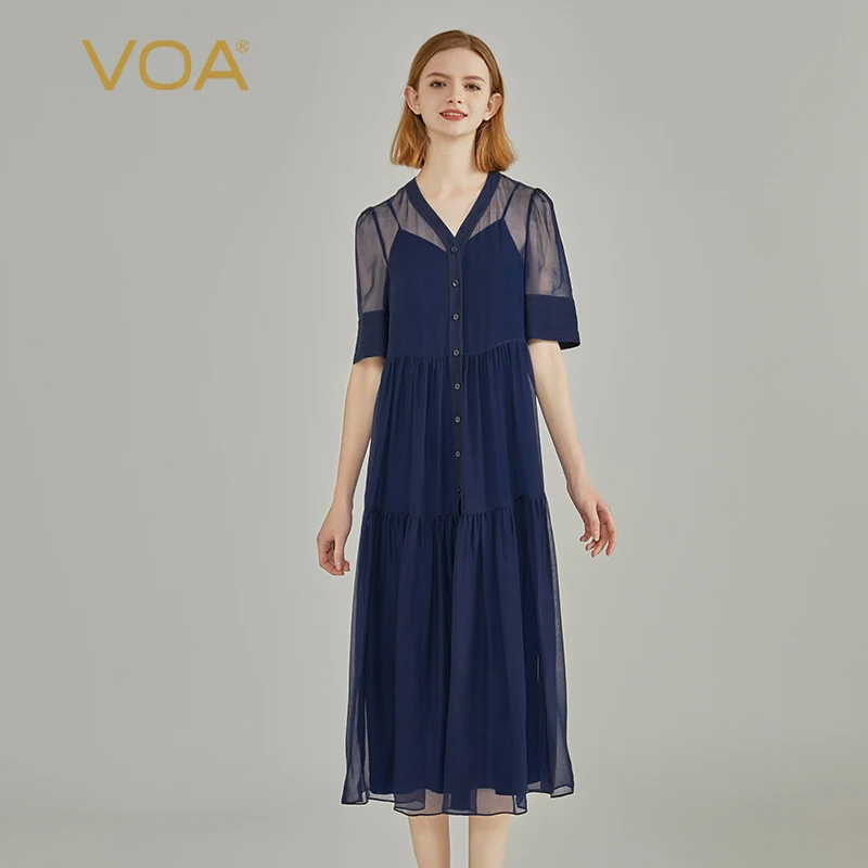 

VOA Silk Elastic Satin Deep Sea Blue V-neck Strap Dress Chiffon Single Breasted Sunscreen Pleat Two-piece Set Dresses AE2133