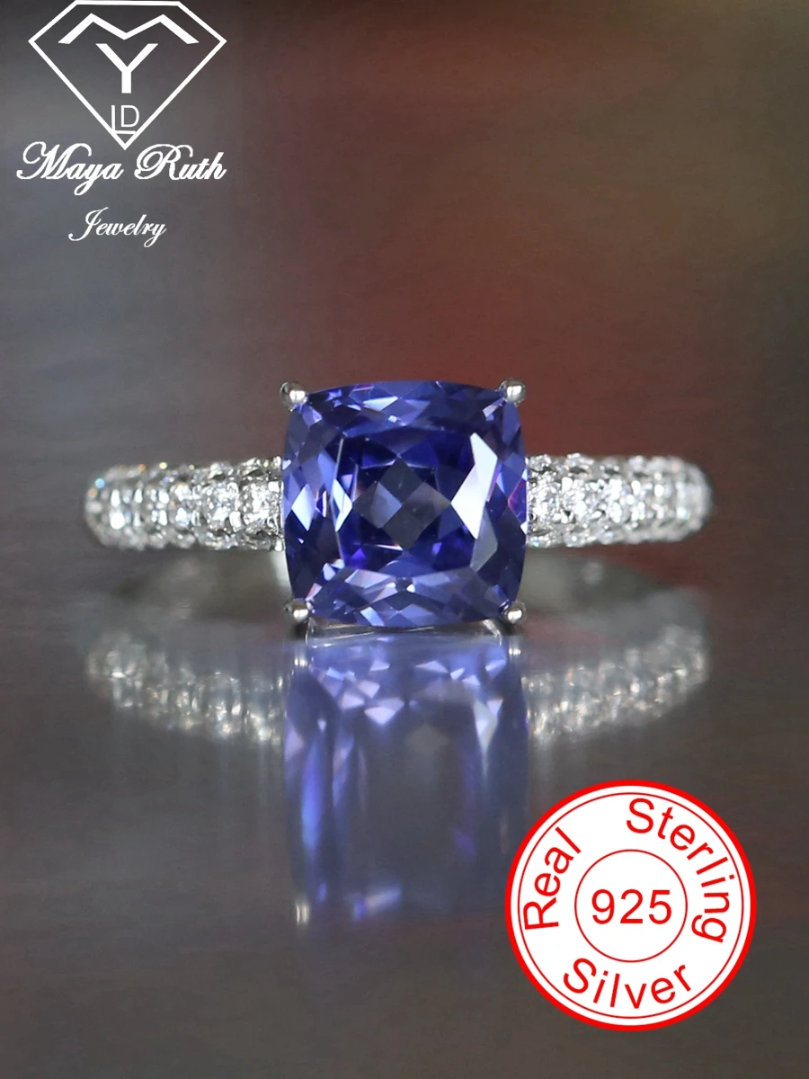

Created Tanzanite Square Halo Ring Real 925 Sterling Silver Cushion Cut Design Party Vintage For Women Retro Unique Gifts