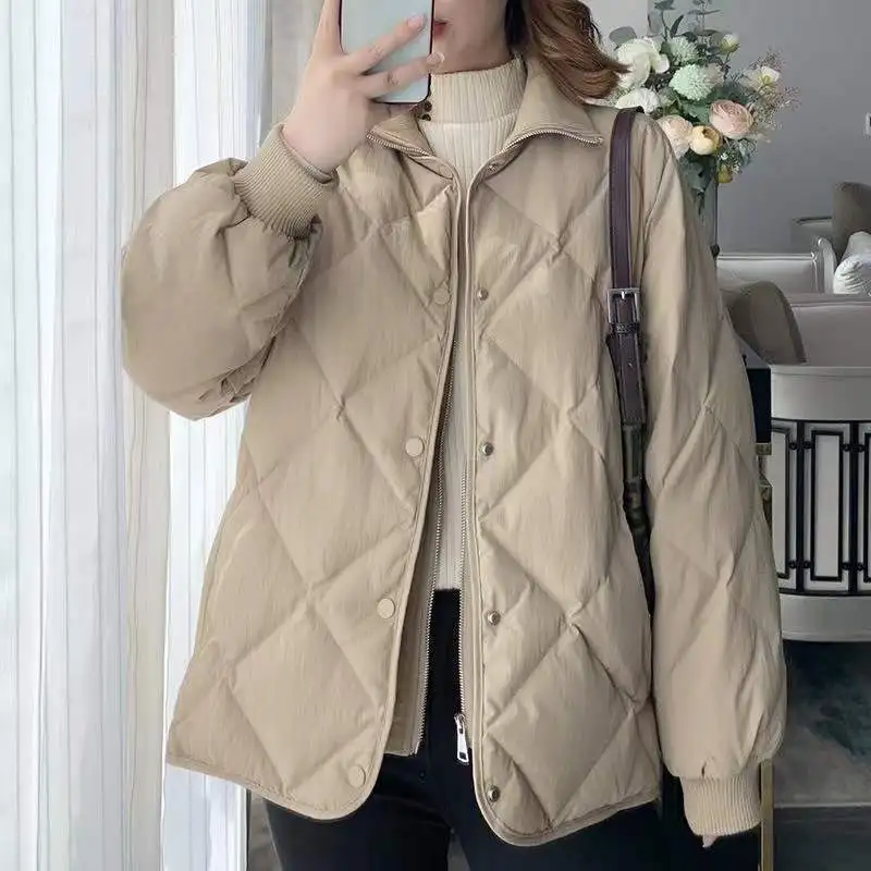 2023 New Autumn Winter Women Zipper Jackets Casual Stand Collar Thick Warm White Duck Coat Female Outwear Down Buttons M32