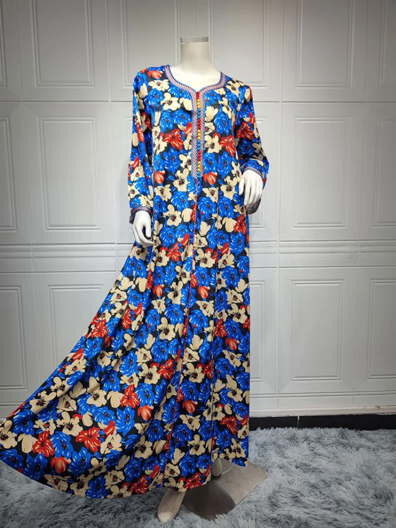 Floral Printed Jalabiya Arabic Long Dress Women Loose Moroccan Caftan Gulf Robe Muslim Modest Abayas Blue African Dresses