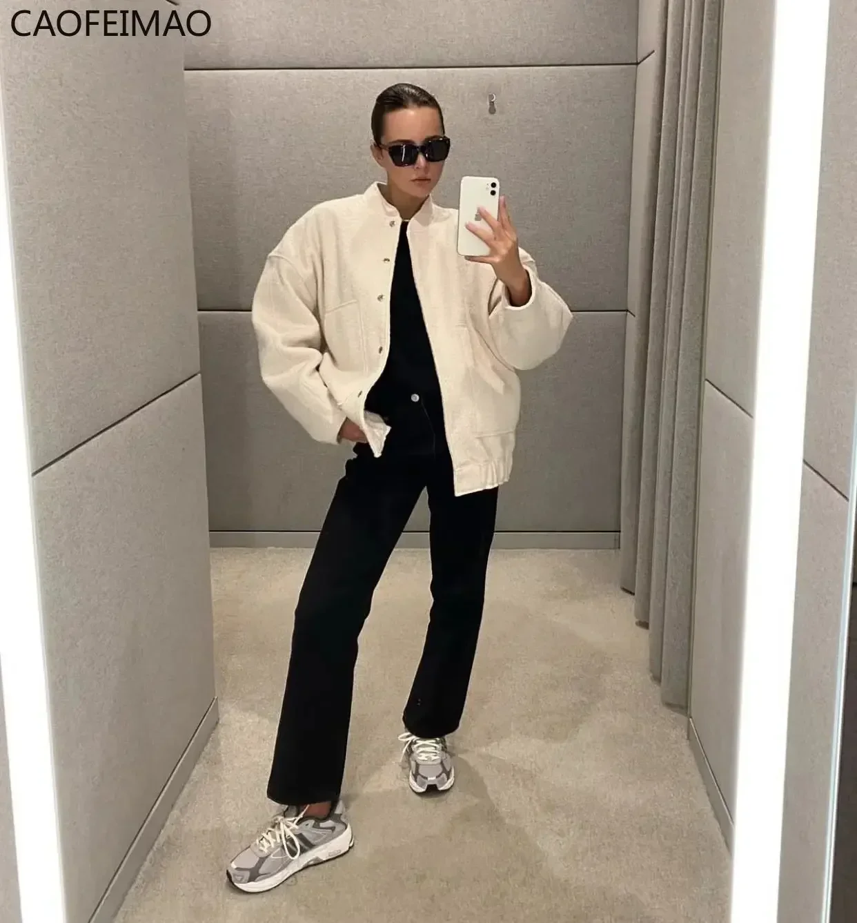 Caofeimao женская мода с карманами 2023 негабаритная куртка-бомбер винтажная куртка