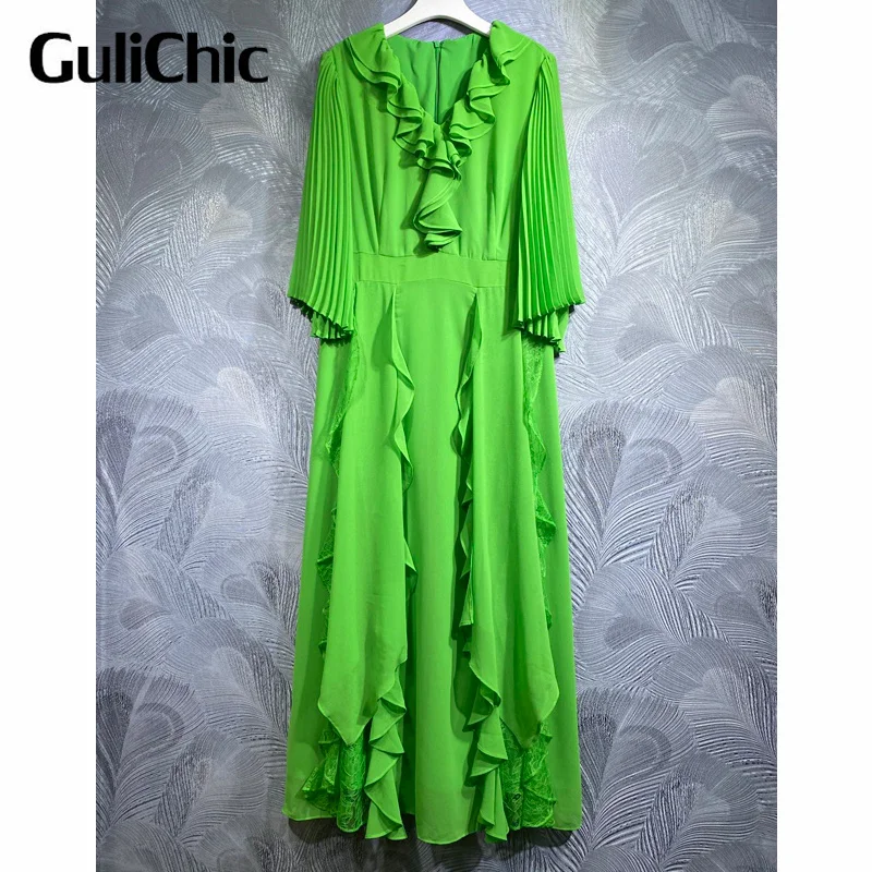 

8.11 GuliChic High Quality Fashion Design Green Dress V-Neck Pleated Sleeve Ruffles Lace Trim Hem Big Swing Dresses Women