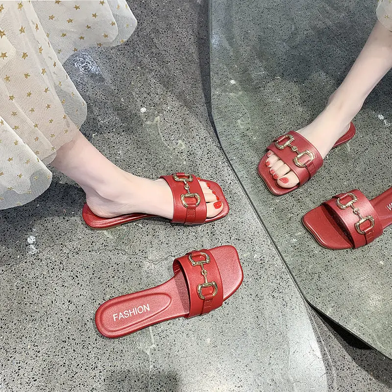 2022 Women's PU Shoes Fairy Ins Tidy Slippers Women's Summer Outwear Non slip Flat Sole One word Cool Slippers Large Size