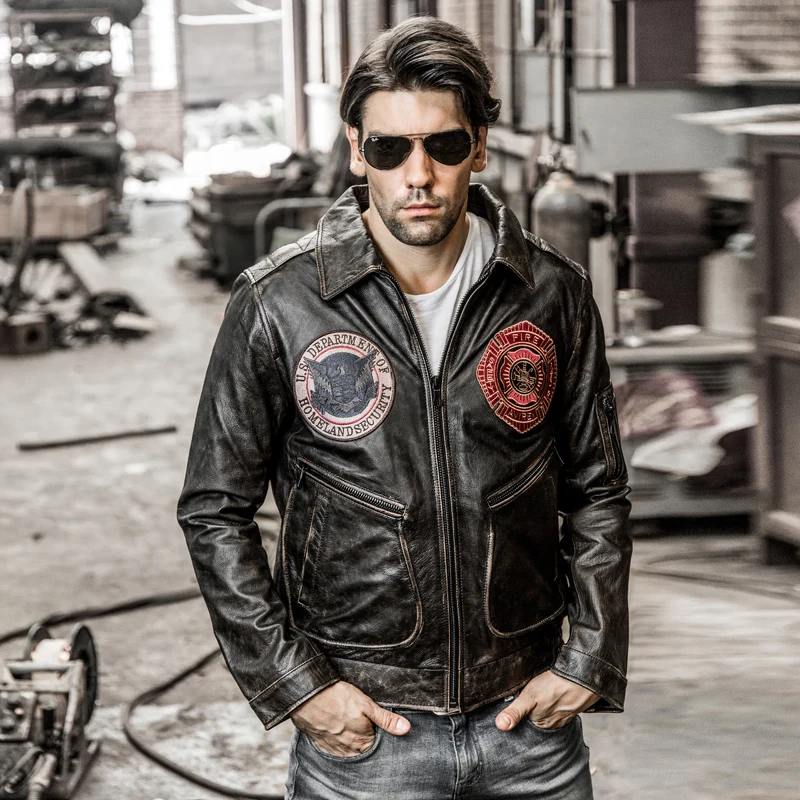 

Spring Autumn fashion casual men's G1 leather pilot clothing embroidered washed and aged stonewashed cowhide leather jacket