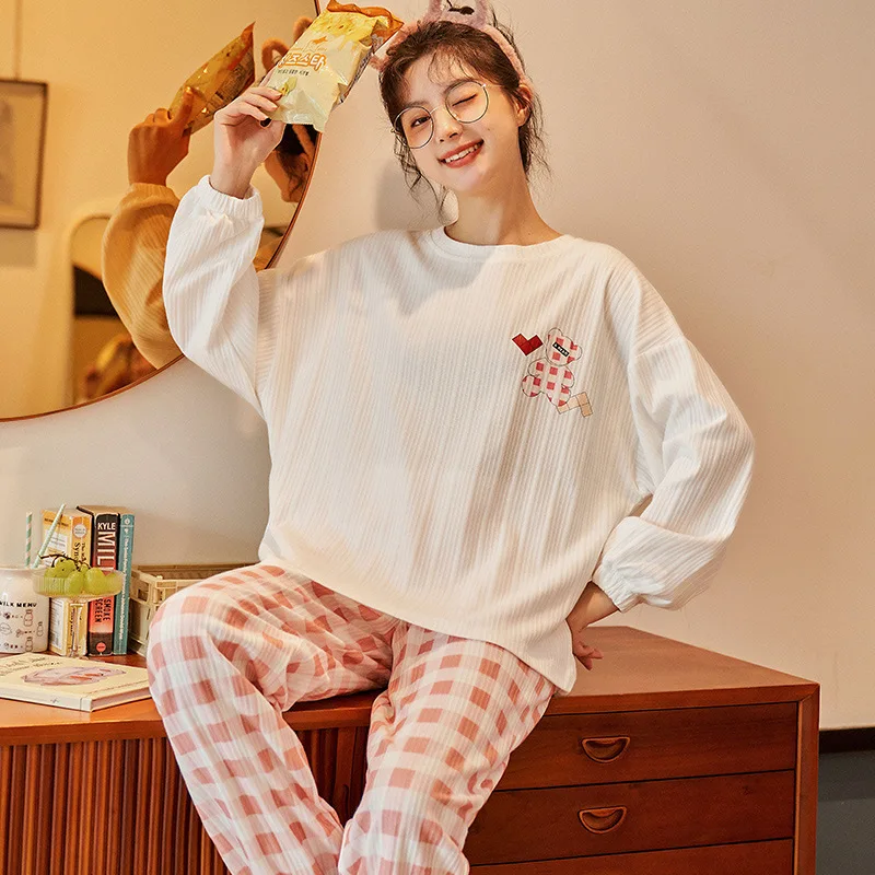 Yasuk Spring Autumn Fashion Women's Casual Lovely Print Cotton Pocket Sleepwear Homewear Cute Pajamas With Pants Heart Plaid