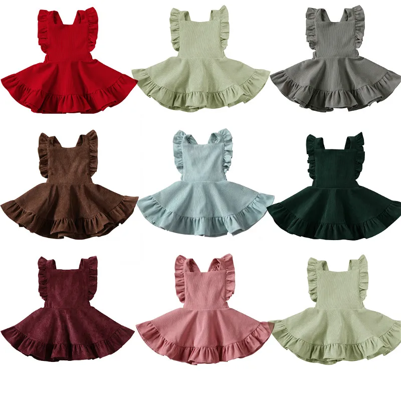 

Girls Solid Color Suspender Skirt, Sleeveless Square Collar Large Hem High Waist Dress with Ruffles