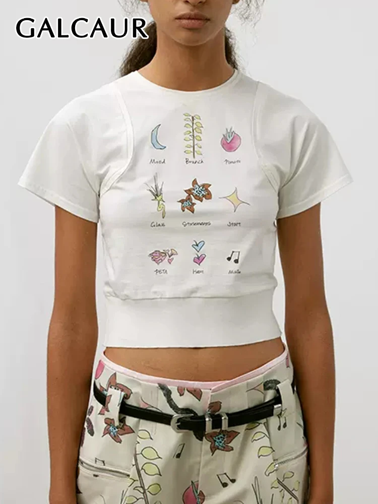 

GALCAUR Hand Painted Print T Shirts For Women Round Neck Short Sleeve Slimming Colorblock Casual Pullover Summer T Shirt Female