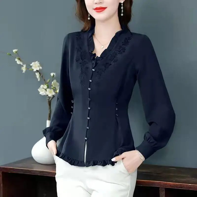 Повседневная приталенная рубашка с V-образным вырезом винтажная однотонная