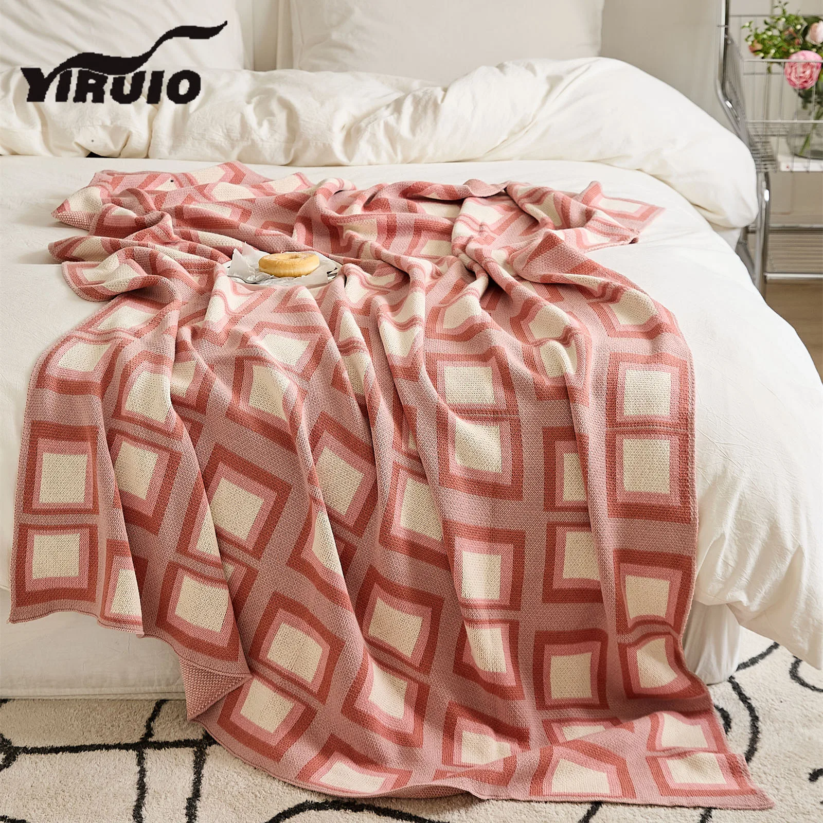 

YIRUIO Healing Frame Plaid Design Blanket Elegant Graceful Pink Blue Fluffy Warm Soft Cotton Bed Sofa Decorative Throw Blankets