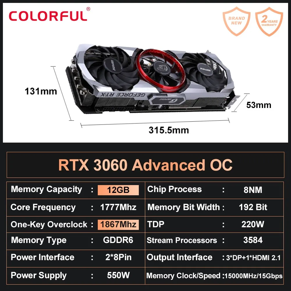 RTX3060 Игровая видеокарта Colorful iGame GeForce RTX серии 3060 12 Гб GDDR6 192 бит PCIE ПК игровые