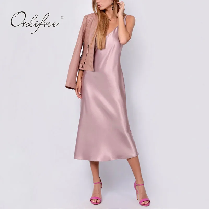

Ordifree 2022 Summer Women Satin Slip Dress Spaghetti Strap Elegant Women Sexy Party Dress