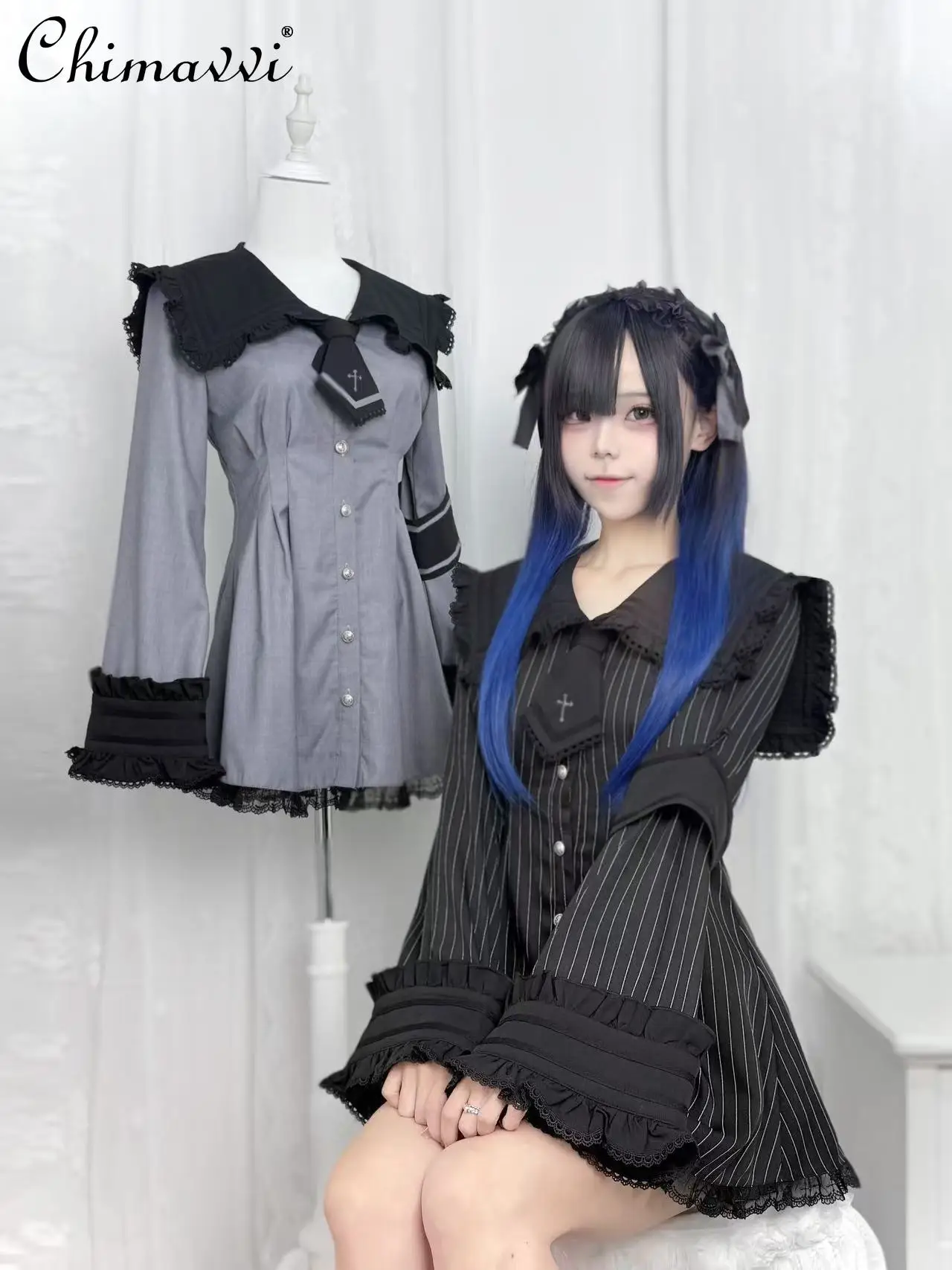 Новое японское платье-рубашка контрастного цвета с большими лацканами и