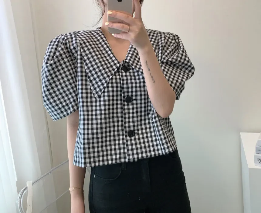 Осень 2024 Новое поступление клетчатая однобортная рубашка с пышными рукавами в