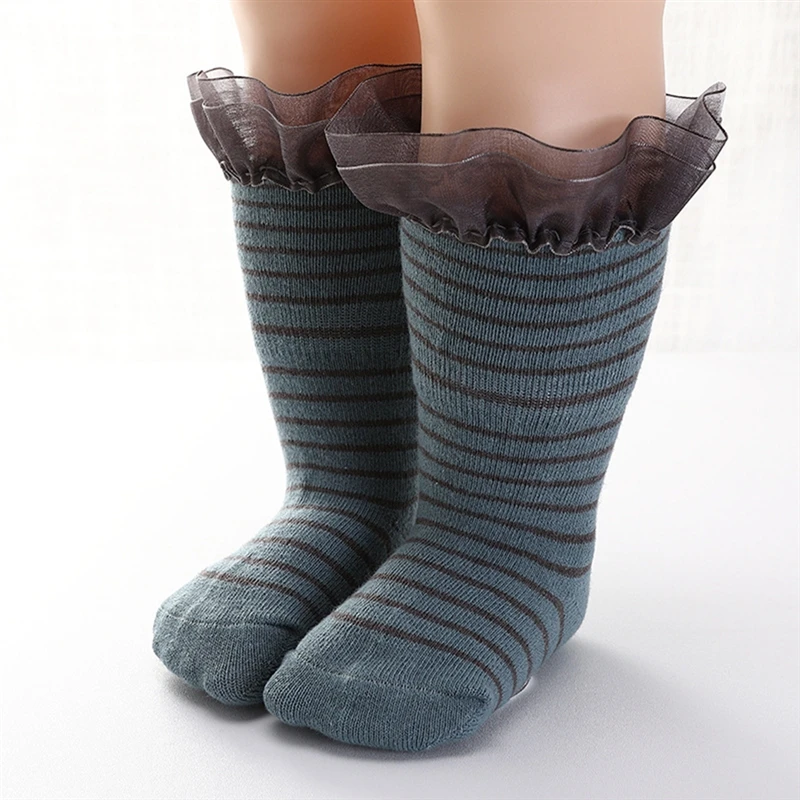 

Милые детские носки в Корейском стиле, простые полосатые кружевные осенне-зимние Плоские носки