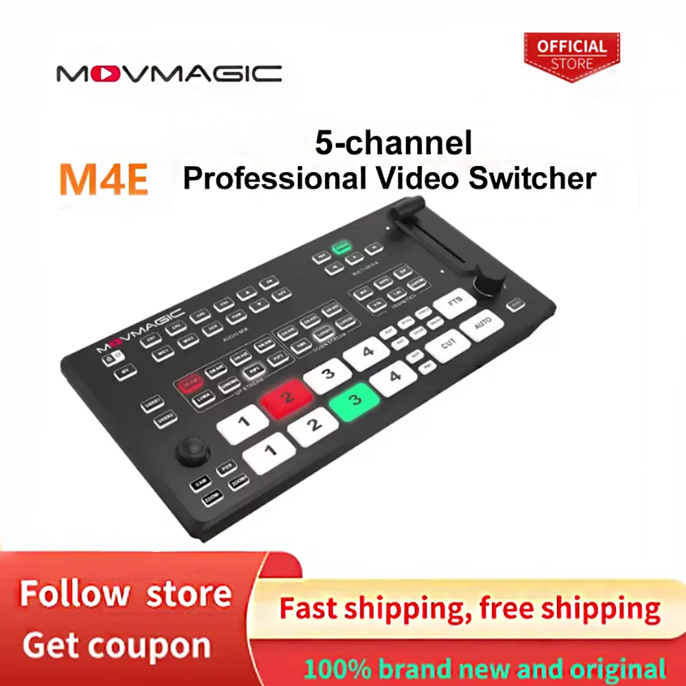 Фото MOVMAGIC M4E 5-канальный HDMI-совместимый NDI и USB-переключатель видеомикшер 4K для потоковой записи в реальном времени №1