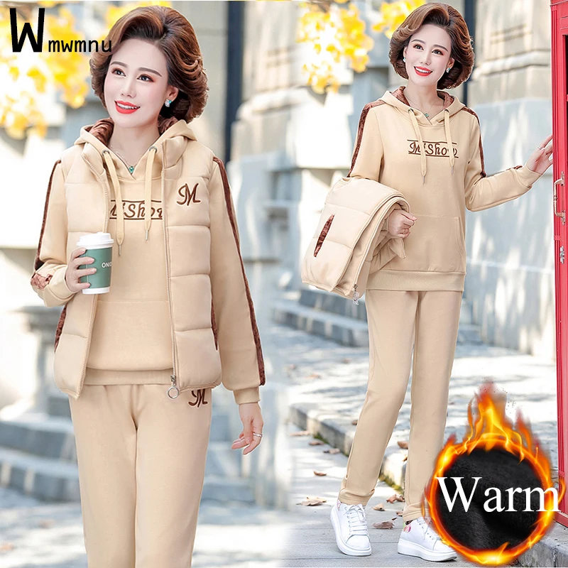 

Plus Velvet Thicken Sports 3 Piece Sets Women Winter Casual Suits Hooded Sweatshirt+Zipper Vest+Capris Jogging Pants Tracksuits