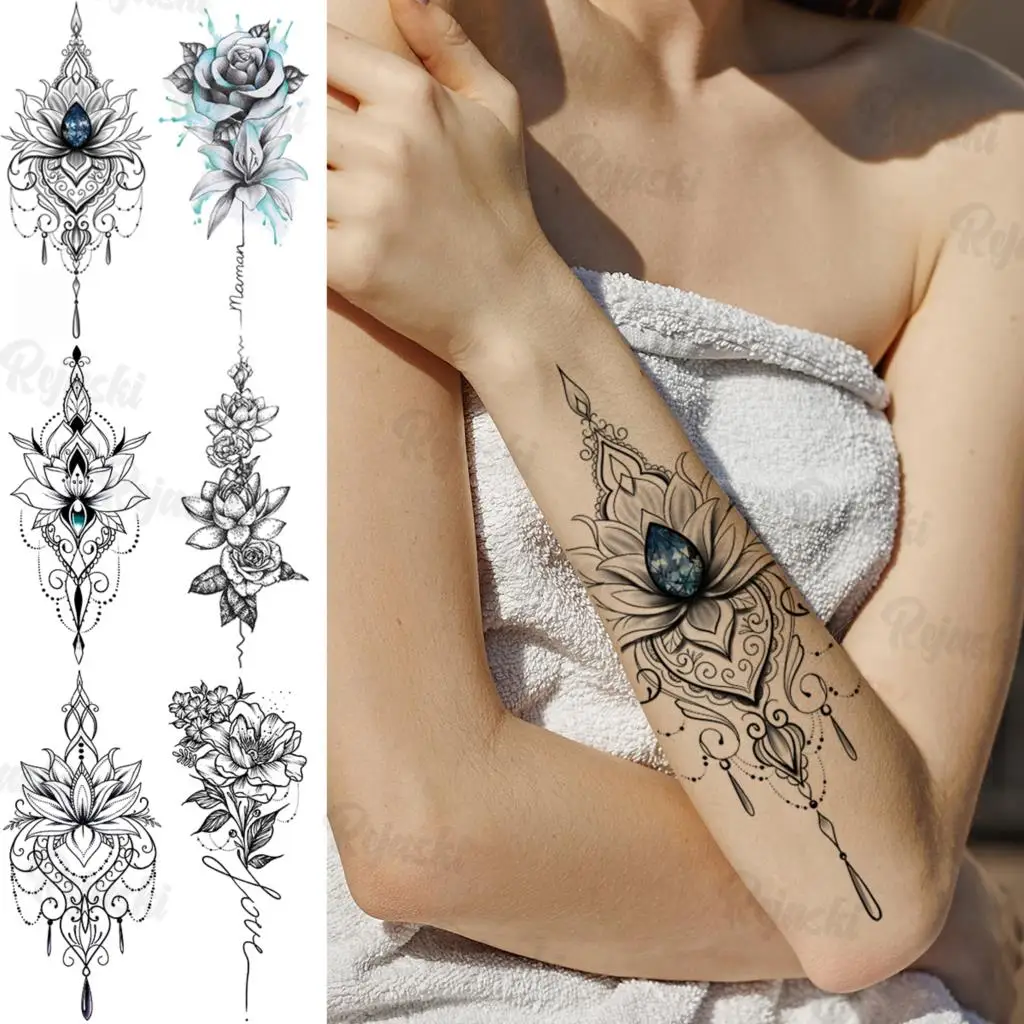 

Large Lotus Temporary Tattoos For Women Girls Realistic Flower Watercolor Fake Gemstone Pendant Tattoo Sticker Arm Chest Tatoos