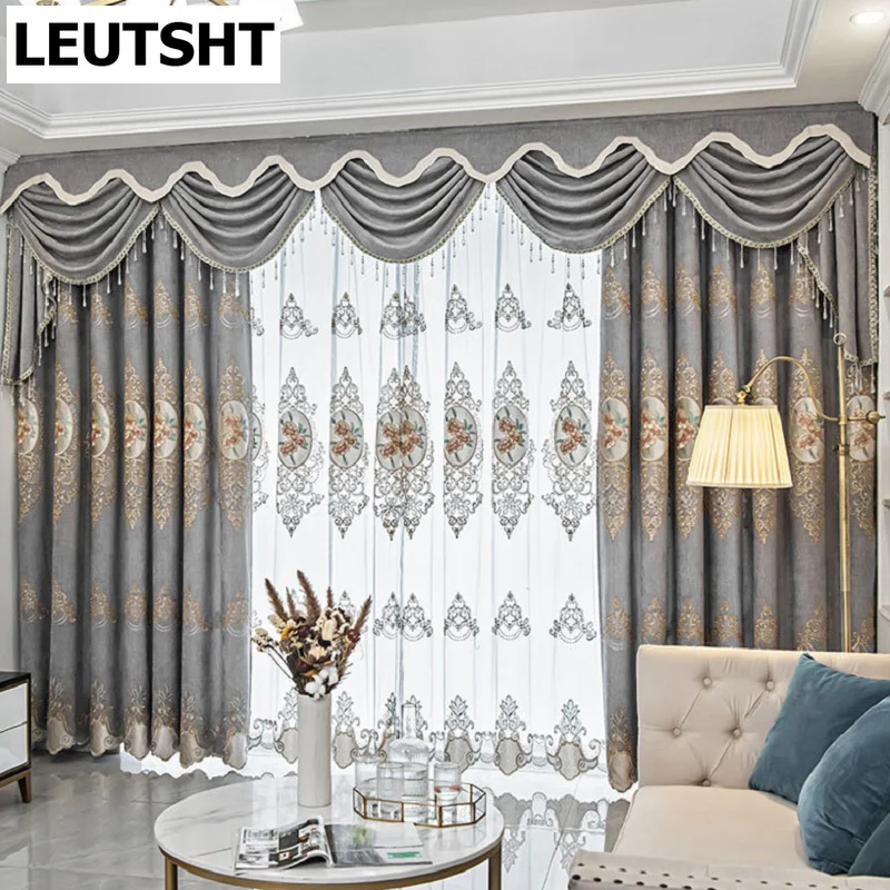 

2022 New European-style Curtains for Living Dining Room Bedroom Light Luxury Embroidered Grey Curtain Tulle Window Valance