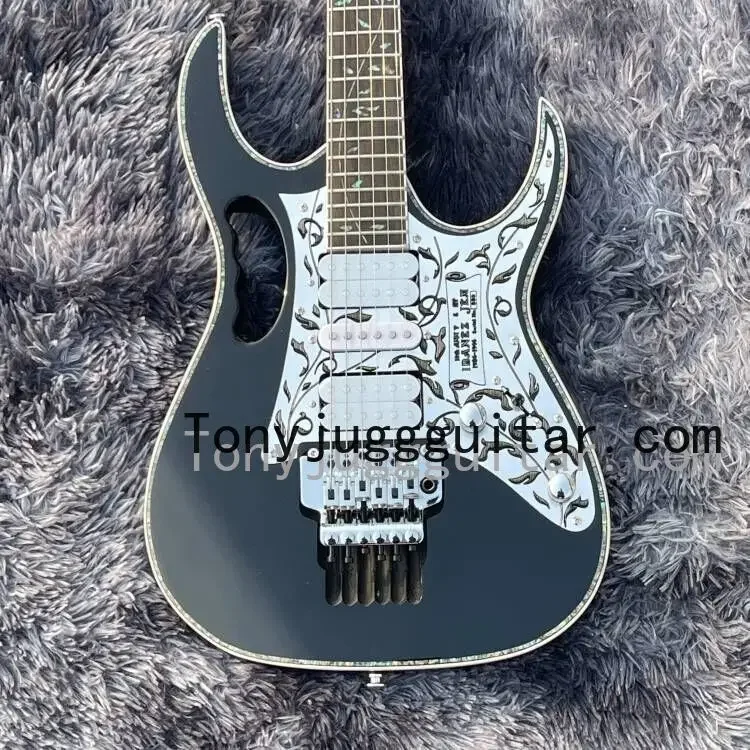 

Черная электрическая гитара V7, алюминиевая накладка, обвязка корпуса абалона, инкрустация винограда, Floyd Rose Tremo Bridge