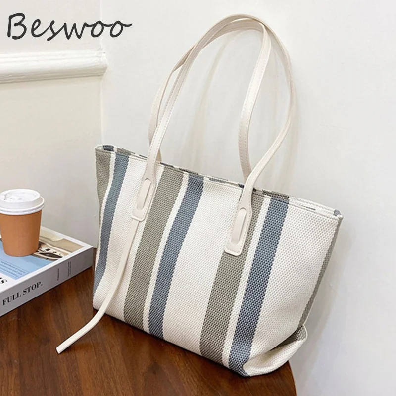 

Large Capacity Shoulder Bags Fashion Designer Women's Tote Bags High Quality Cotton Linen Handbags and Purse Striped Female Bag