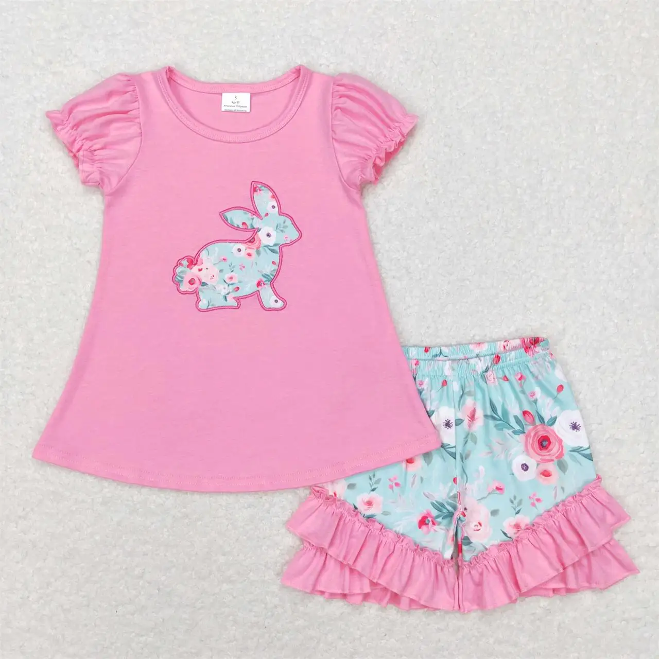 

Оптовая продажа, детский Пасхальный цветочный Комплект для маленьких девочек, ярко-розовые топы, цветочные шорты с оборками, детская одежда