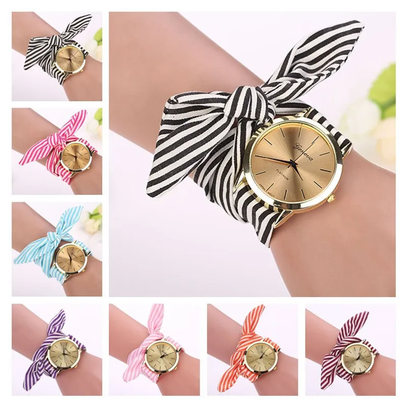 

Women Girl Watches New Fashion Bow-knot Stripe Floral Cloth Quartz Bracelet Wristwatch Luxury Ladies Dress Clock Reloj Mujer