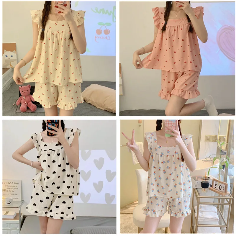 Summer 2023 new pajama women's woven wrinkled foam camisole single women's loungewear set can be worn outside