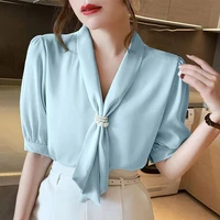 office lady solid color loose and thin chiffon shirt 2022 summer new fashion top bottoming short sleeved womens t shirt