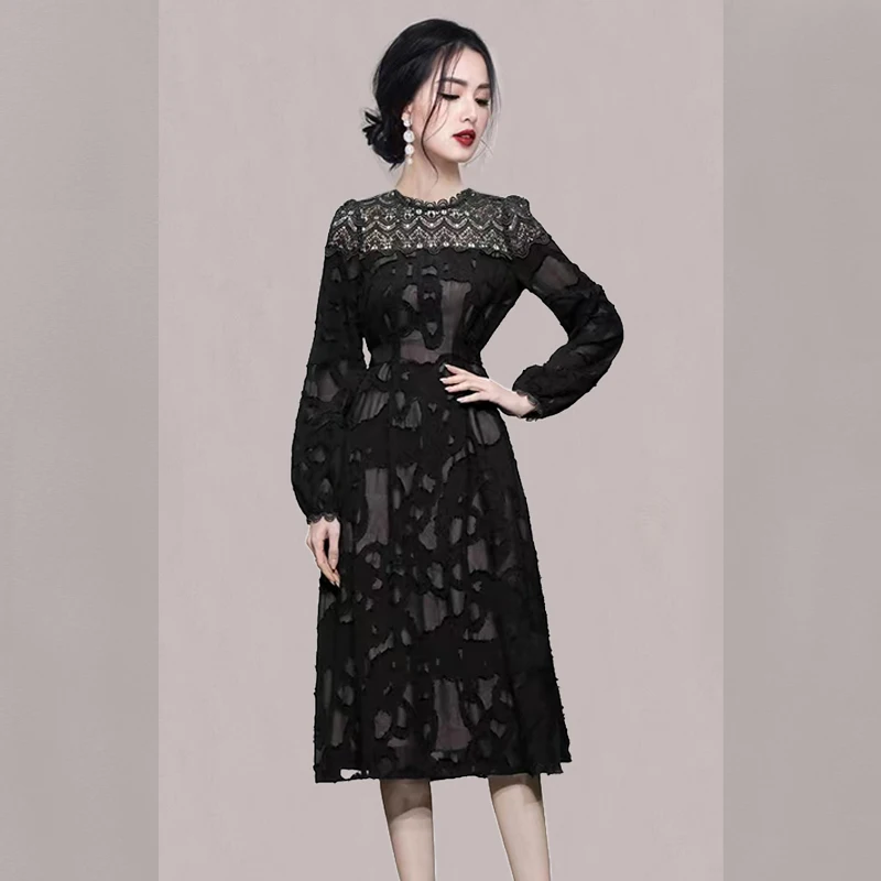 

Женское жаккардовое платье с кружевом, черное офисное платье во французском стиле с круглым вырезом и пышными рукавами, в стиле пэчворк, Осень-зима