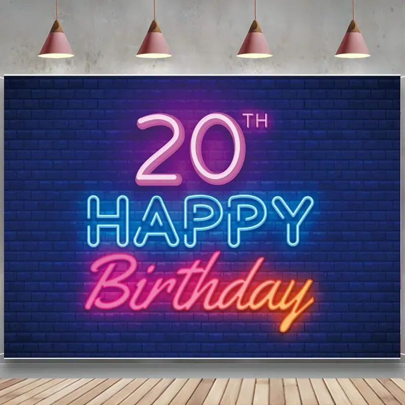 

Glow Neon Happy 20th Birthday Backdrop Banner Black Colorful Glowing 20 Years Old Birthday Party Theme Decorations Boys Girls