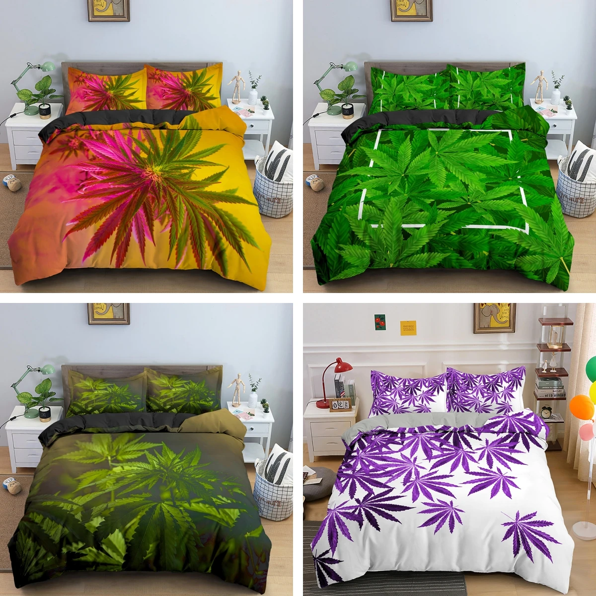 

Custom Natural Scenery Red Green Maple Leaf Pattern 3D Printed Bed 3 PCS Set Duvet Cover and Two Pillowcases Home Decor Supplies
