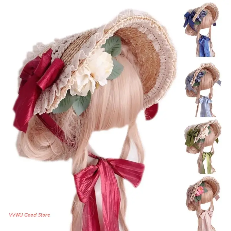 

Summer Lolita Straw Hat Lace Flower Ribbon Flat Top Hat Bonnet Hat for Tea Party